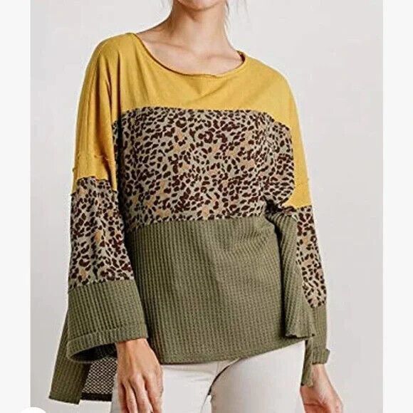 UMGEE Color Block Mixed Media Waffle Knit Top Womens Size S Boho Multicolor - Picture 1 of 6